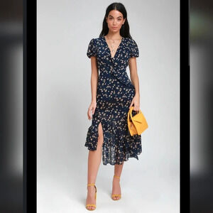 Lulu's sz. M Petals and Poetry Navy Blue Floral Print Ruffled Layered Midi Dress